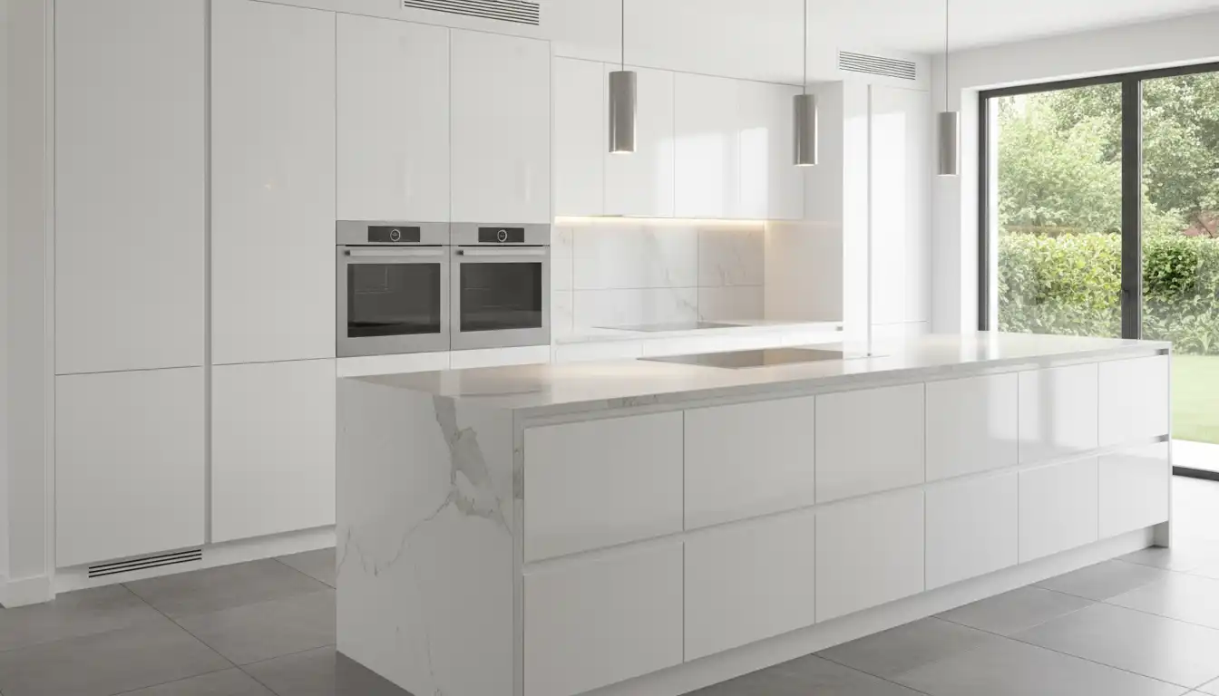 A contemporary kitchen showcasing the clean lines and sleek finish of frameless Modico cabinets.