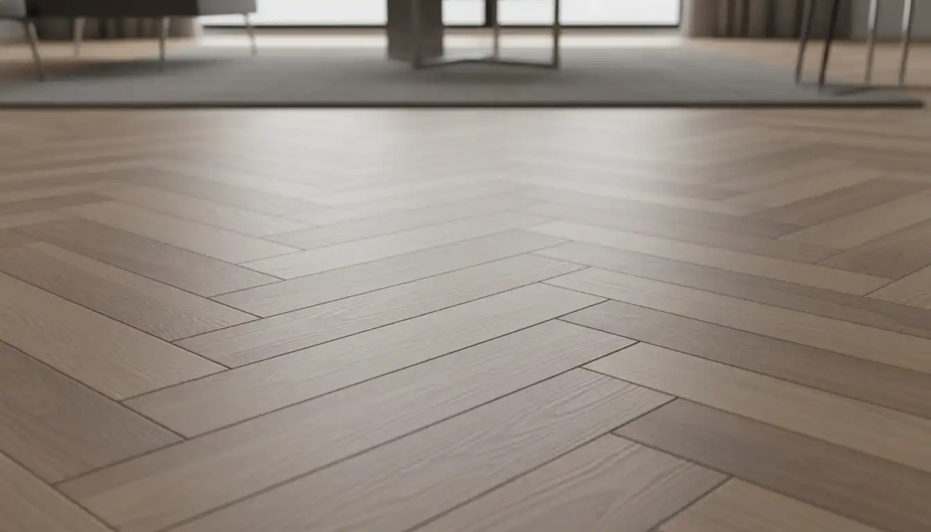Modern luxury vinyl plank flooring with a realistic wood grain texture laid in a herringbone pattern.
