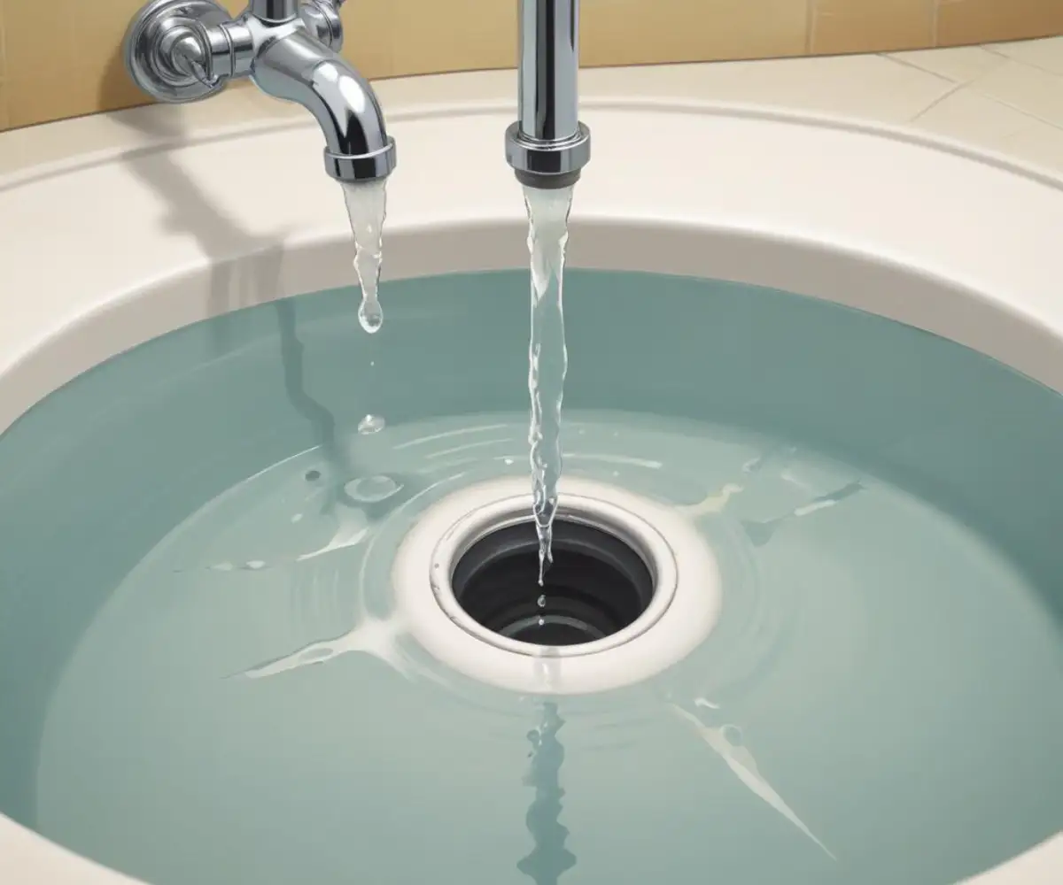 Close-up of a chrome bathroom sink pop-up drain with a water leak forming at the pipe connection underneath.