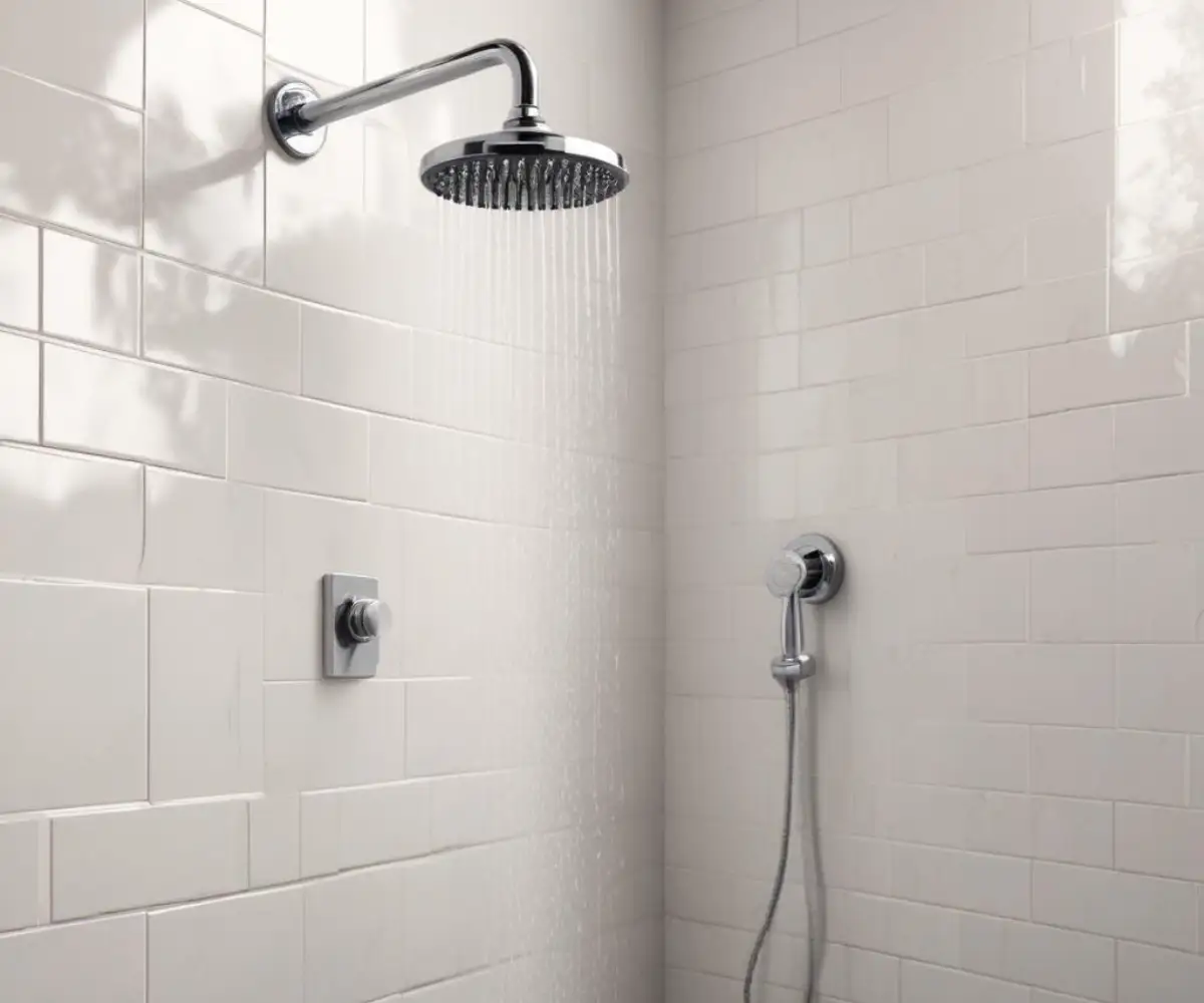 A modern, chrome, rainfall shower head mounted on a white tiled wall.