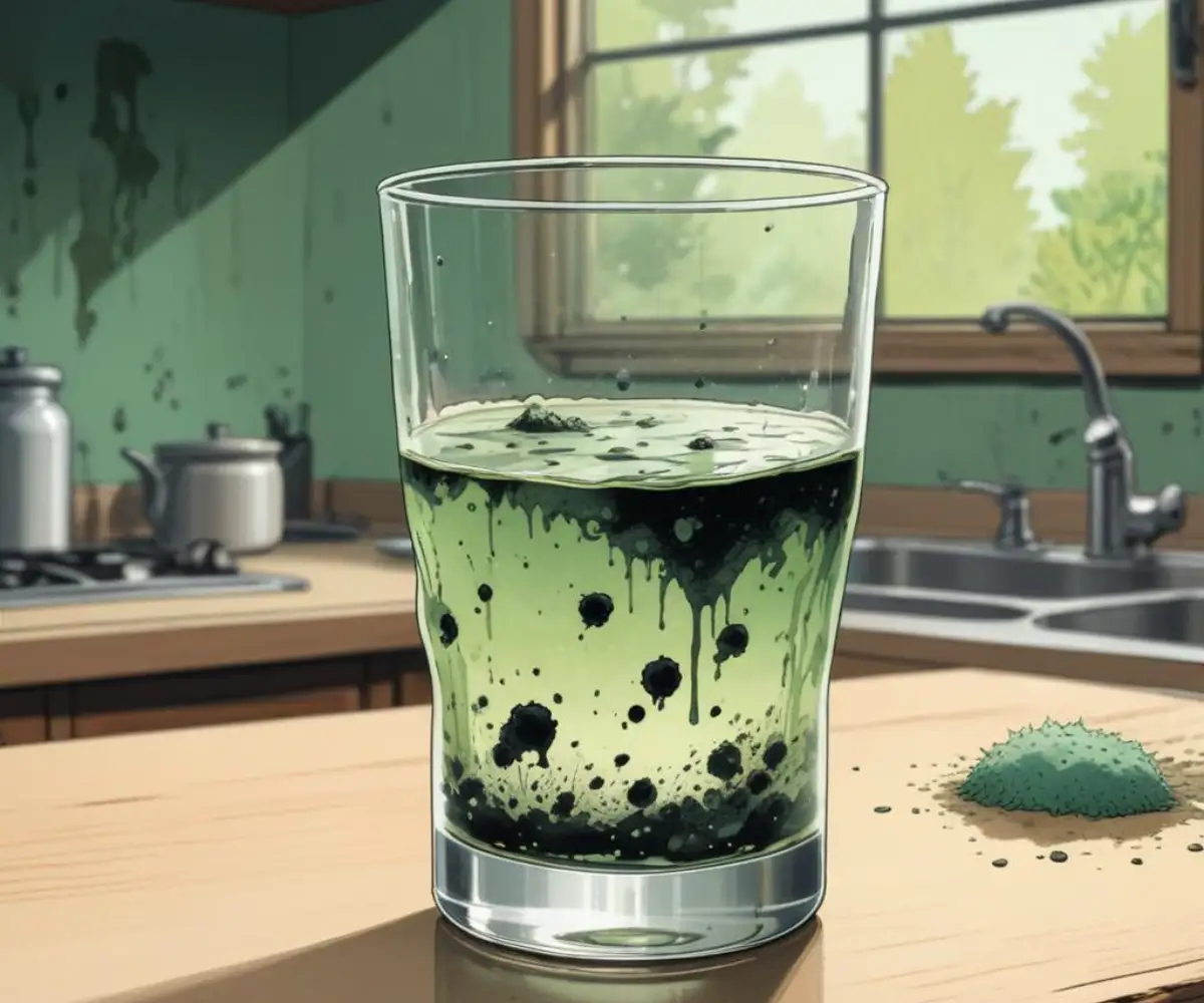 Greenish-black mold spots growing inside a clear, empty drinking glass on a kitchen counter.