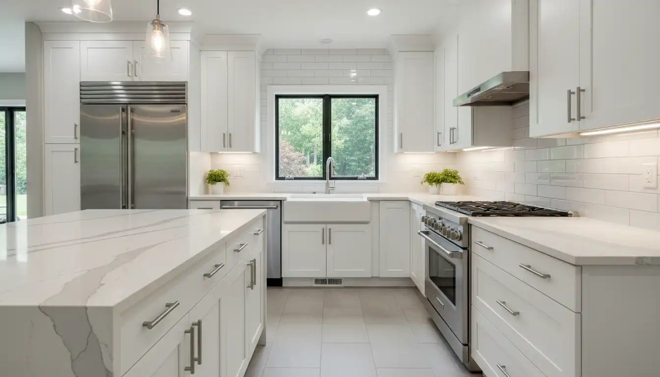 A modern kitchen featuring Montauk quartz countertops with subtle gray veining on white shaker cabinets, complemented by a white tile backsplash and stainless steel appliances.