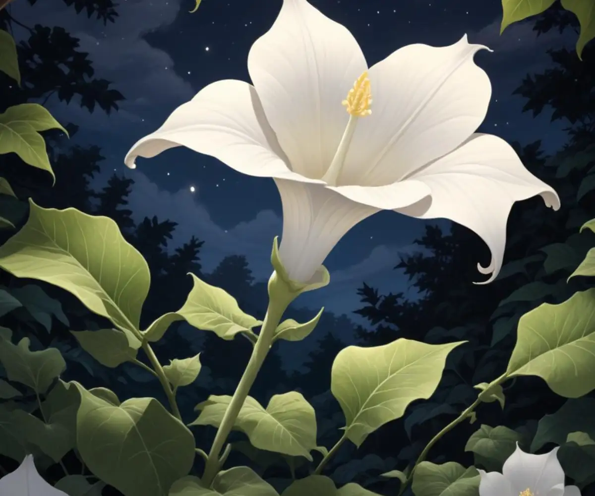 Large, white, trumpet-shaped moonflower bloom against a dark, leafy background at dusk.