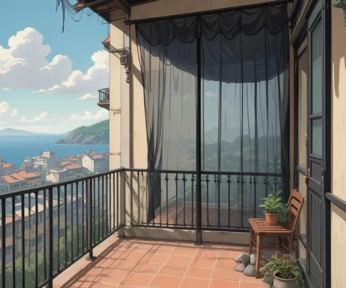 An apartment balcony enclosed with black mosquito netting, showing a tiled floor and a clear sky.