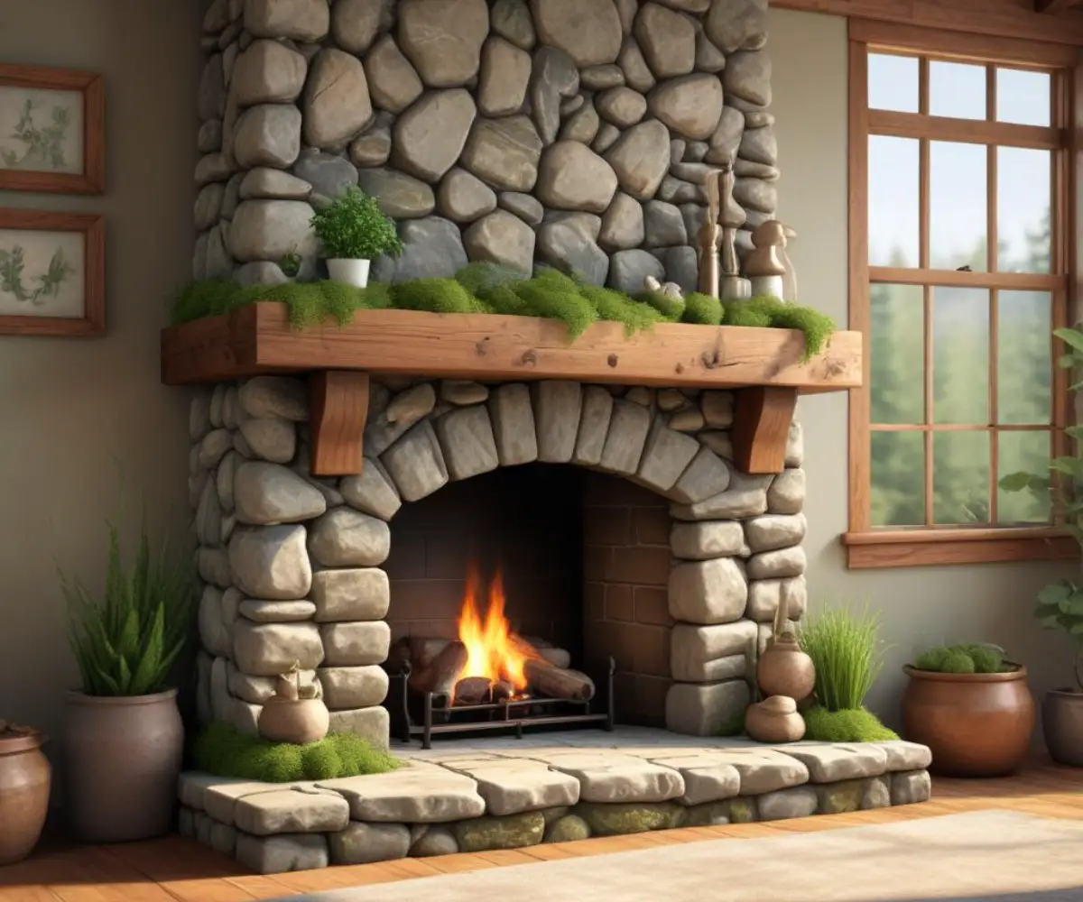 A rustic stone fireplace with a wooden mantel is adorned with patches of green, textured moss, creating a natural and organic focal point in the room.