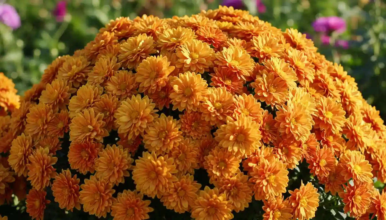 A dense, rounded mound of vibrant orange and yellow chrysanthemum flowers blooming in a sunlit garden.