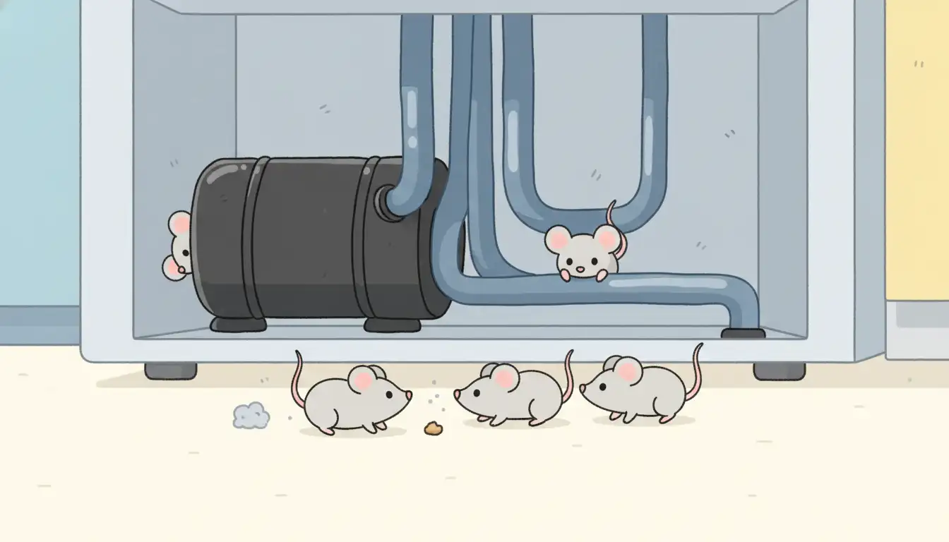 Underside of a modern refrigerator showing the black compressor and cooling coils on a clean floor.