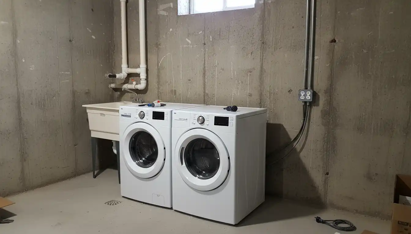 A newly installed washer and dryer set in an unfinished basement, showing the exposed concrete walls, new PVC plumbing pipes, and an electrical outlet.