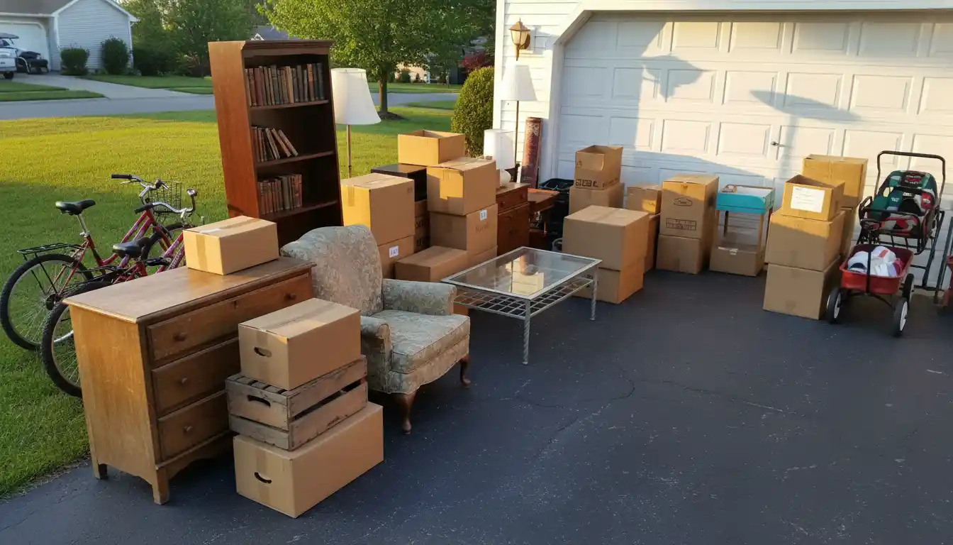 Assortment of used furniture and boxes neatly arranged on a driveway for a sale.