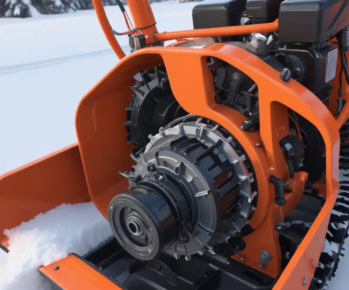 A detailed, close-up view of a snowblower's internal drive system, showing the drive belt, drive belt tensioner, and arm assembly.