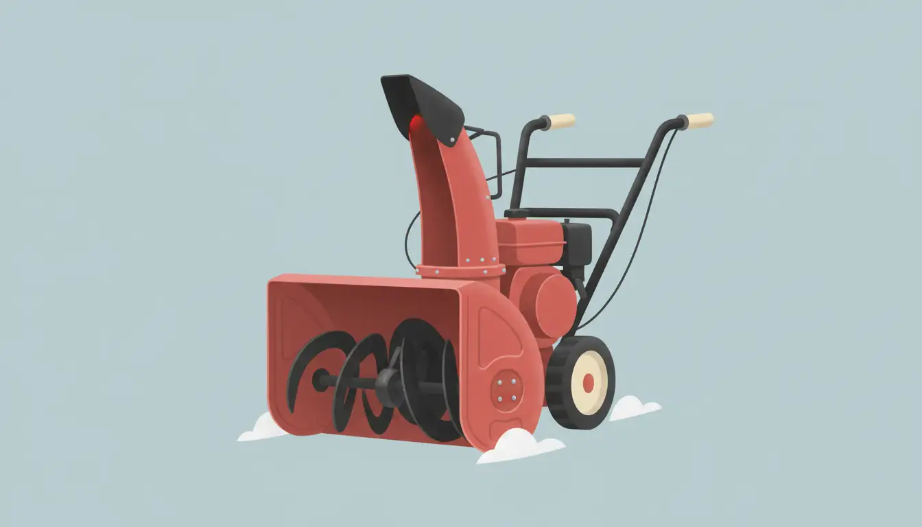 A red MTD Snowflite 5/24 snow blower on a clean, solid background, showcasing its chute and auger.