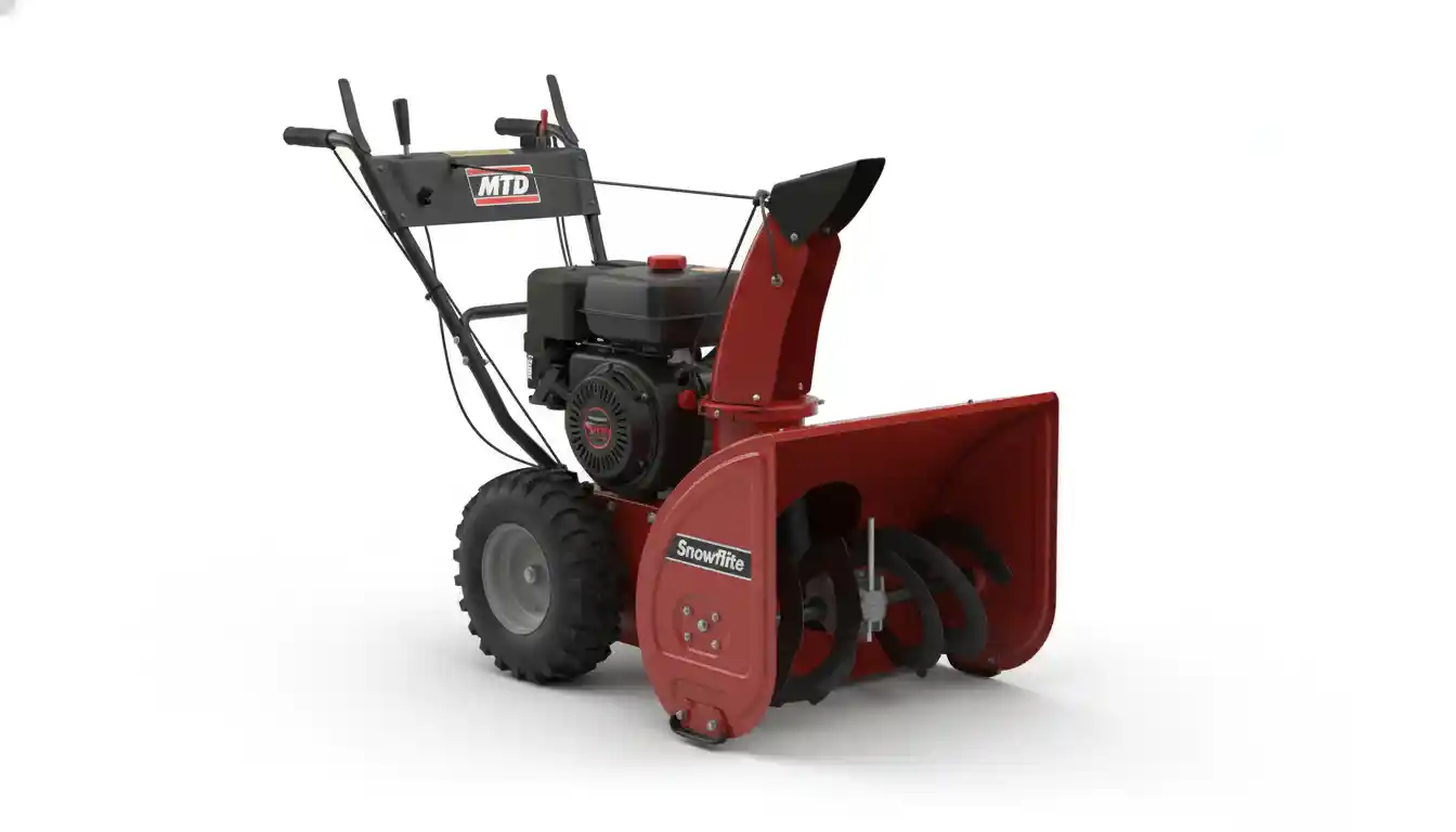 A red and black MTD Snowflite two-stage snowblower parked on a clean, white background.