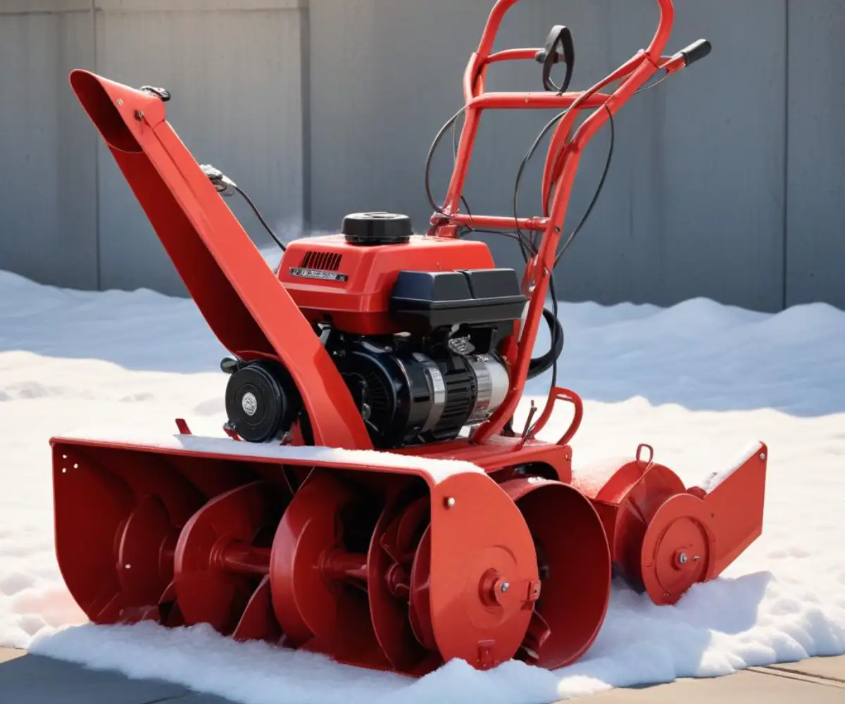 A vintage red MTD Snowflite snow blower resting on a clean concrete surface.