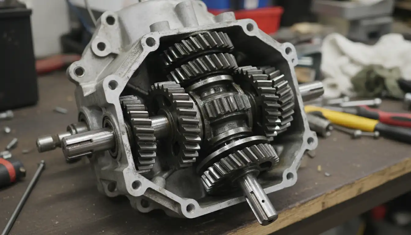 Close-up view of a garden tiller's transmission assembly showing the internal gears, shafts, and housing.