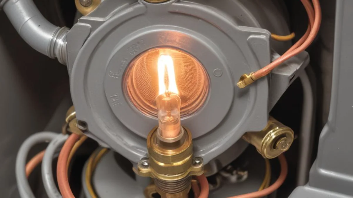 Close-up of a Mueller Climatrol furnace pilot light and thermocouple assembly.