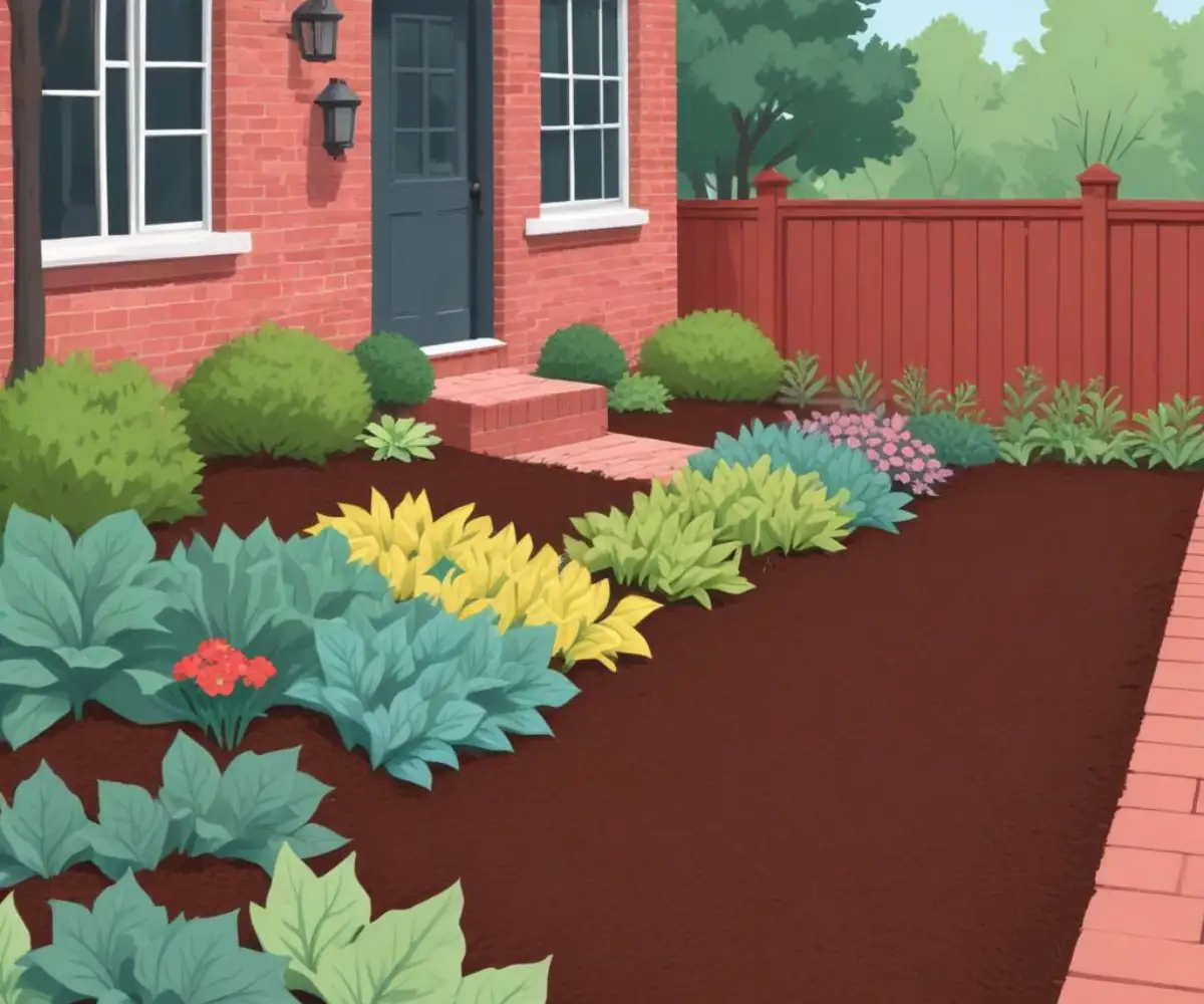 A close-up of dark brown wood mulch in a garden bed adjacent to the red brick foundation of a house.