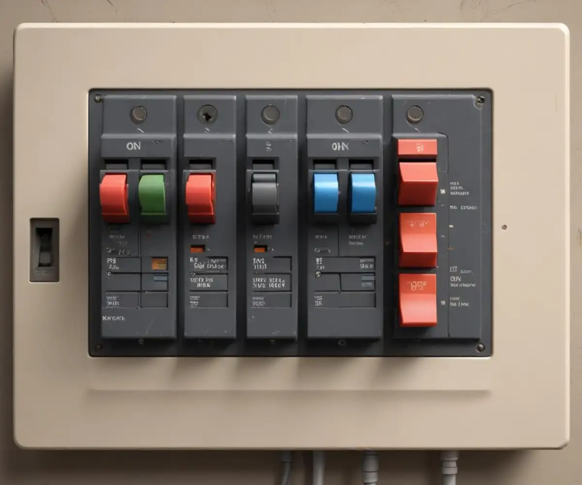 A residential circuit breaker panel with several switches in the 'on' position and one switch in the 'tripped' position.