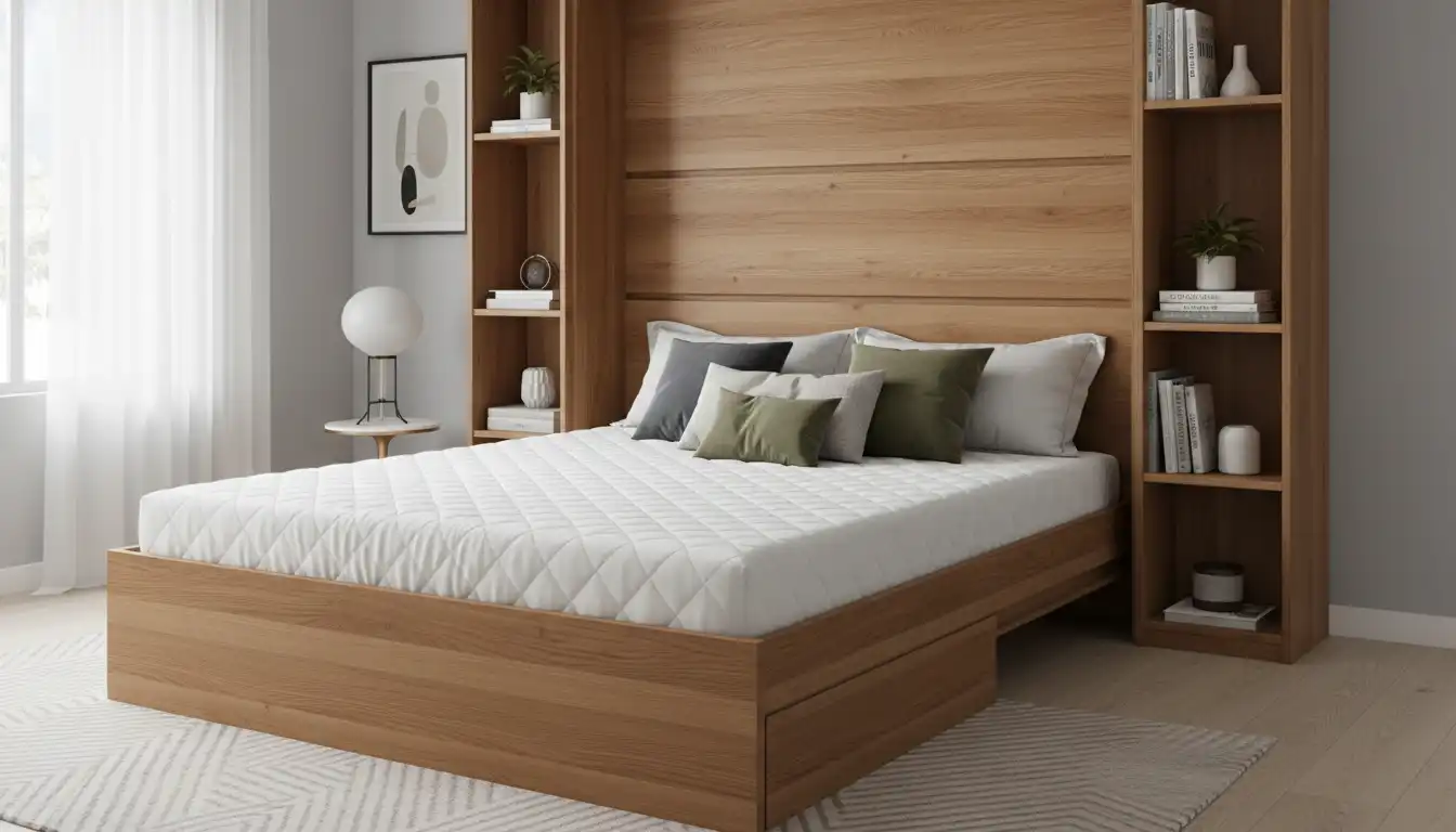 A modern wooden Murphy bed with a thick mattress, folded down in a bedroom with light gray walls.