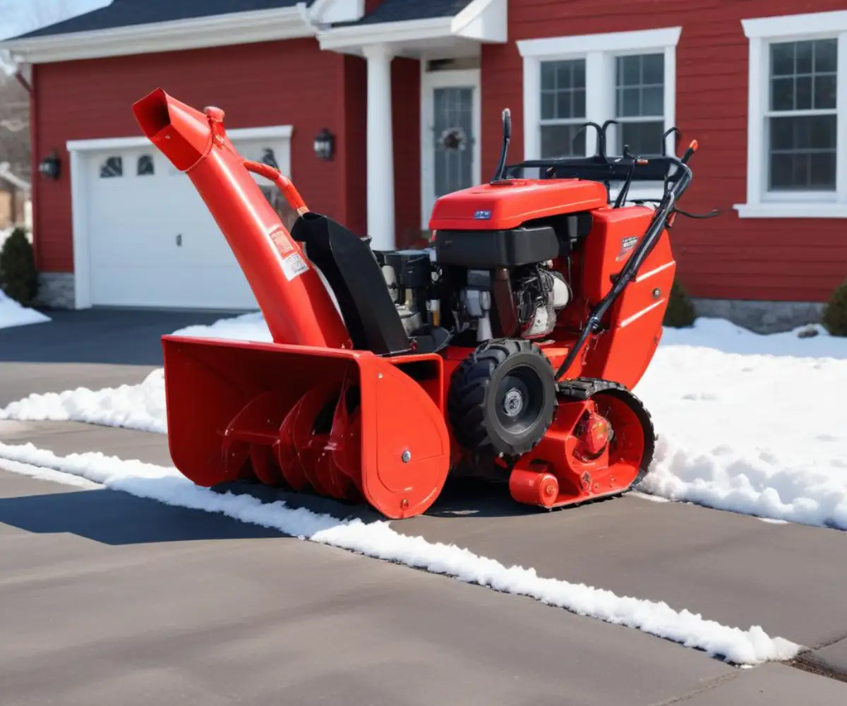 A red two-stage snow blower with a discharge chute, auger housing, and wheels on a paved driveway.