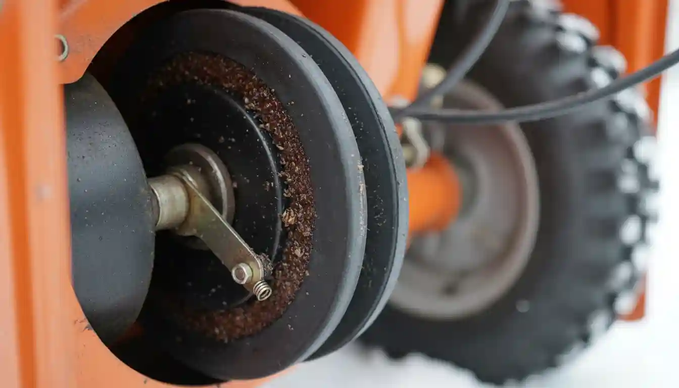 Close-up of a snowblower's friction disc and drive plate, showing the area for potential adjustment or debris.