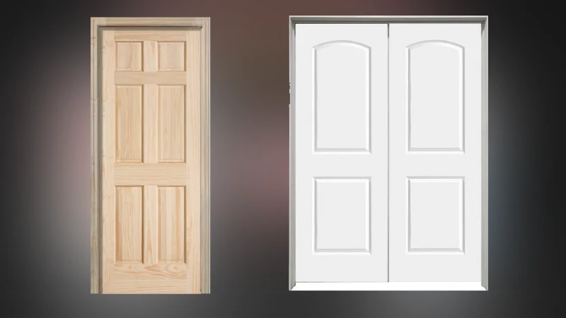 A close-up of a white pre-hung interior door jamb with shims inserted between the frame and the wall stud.