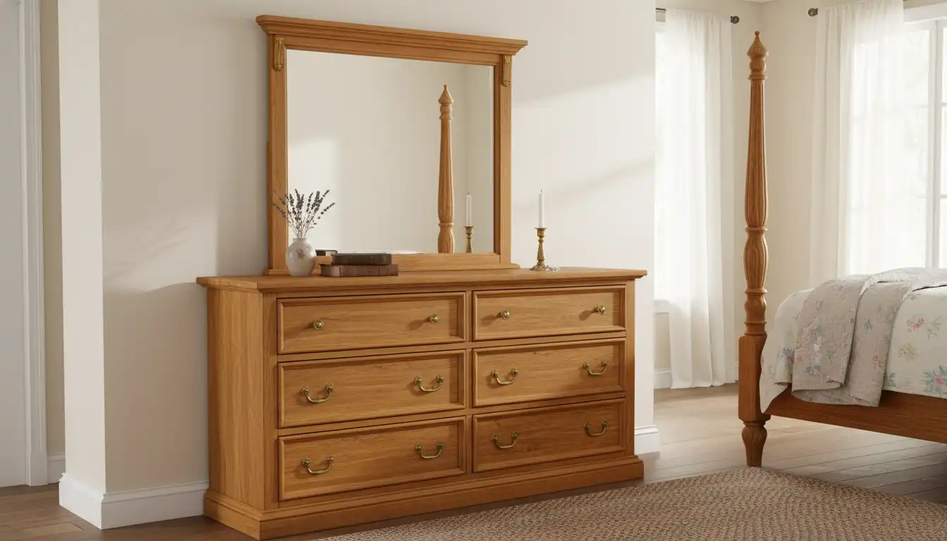 Solid pine colonial-style bedroom dresser and mirror with brass handles.