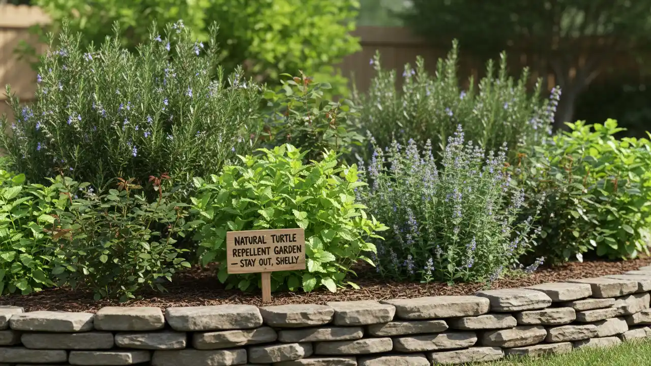 A lush, green garden bed with a variety of plants, bordered by a low, decorative stone wall.