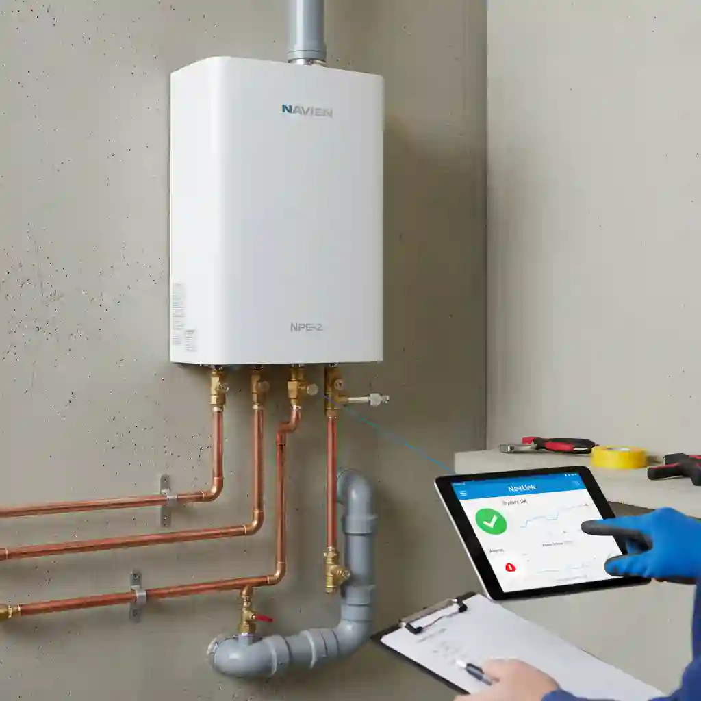 An installer in blue gloves uses a tablet showing the NaviLink app with performance data, connected via a blue glowing line to a white Navien NPE-2 tankless water heater mounted on a concrete wall with copper piping.