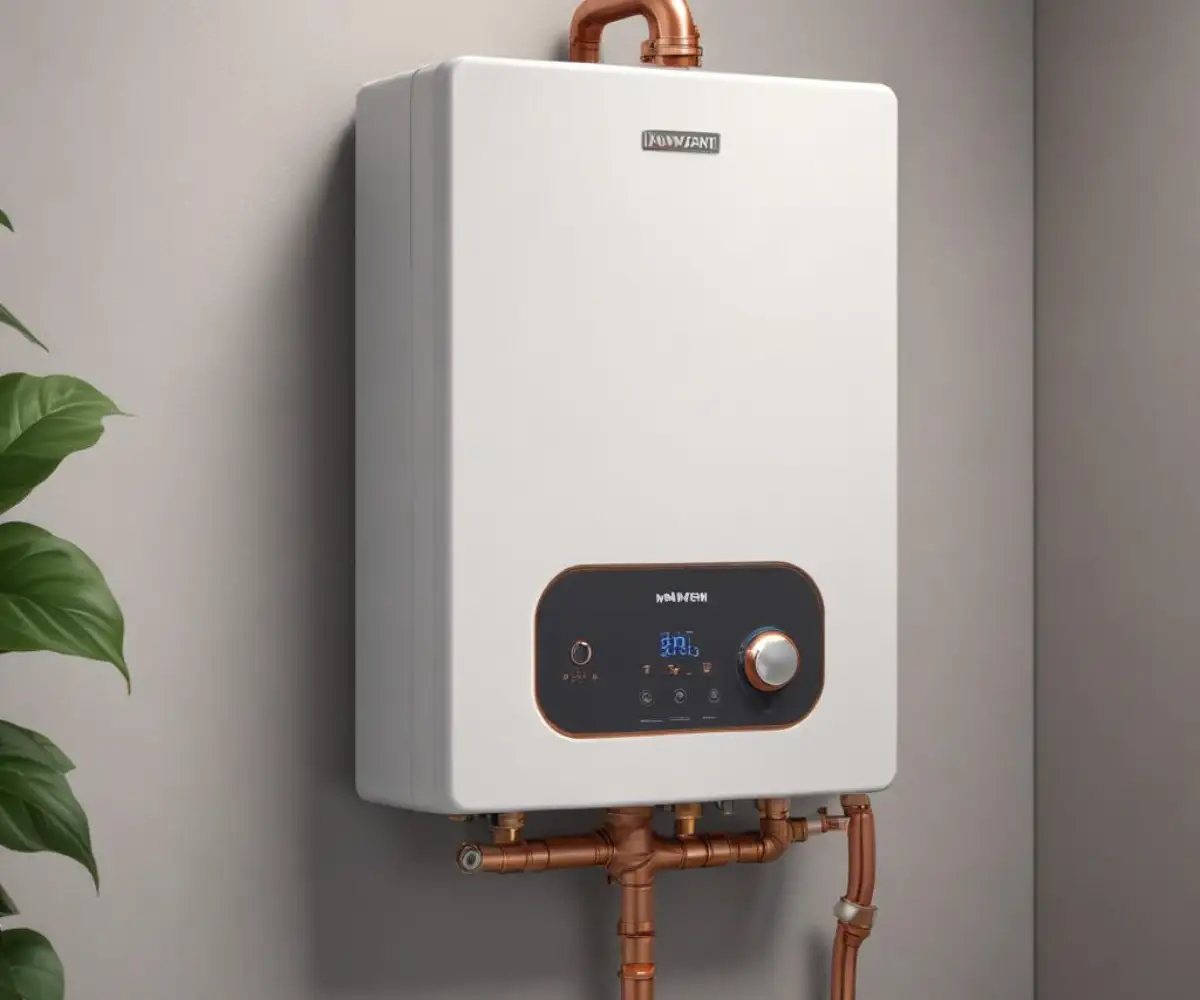 A white Navien tankless water heater mounted on a grey wall with visible copper and PVC piping.