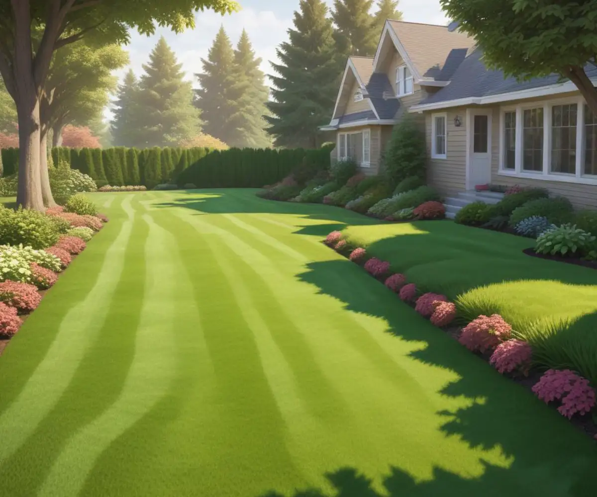 A freshly mowed lawn with a clear dividing line indicating a property boundary between two yards.