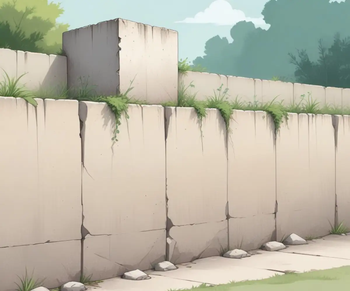 Crumbling concrete block retaining wall leaning precariously over a property line, with visible cracks and displaced soil.