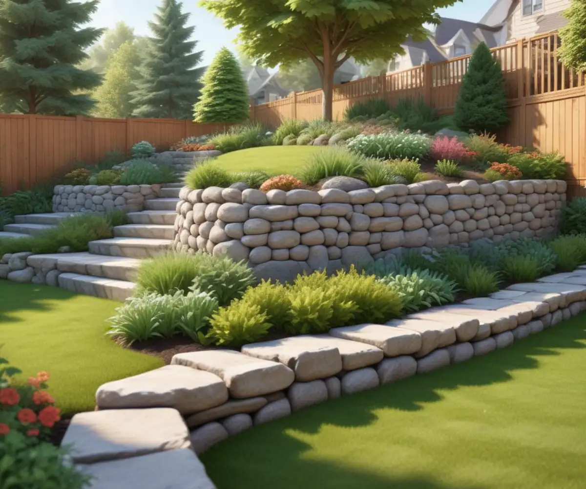 A sloped backyard with a stone retaining wall separating a higher lawn from a lower garden bed.