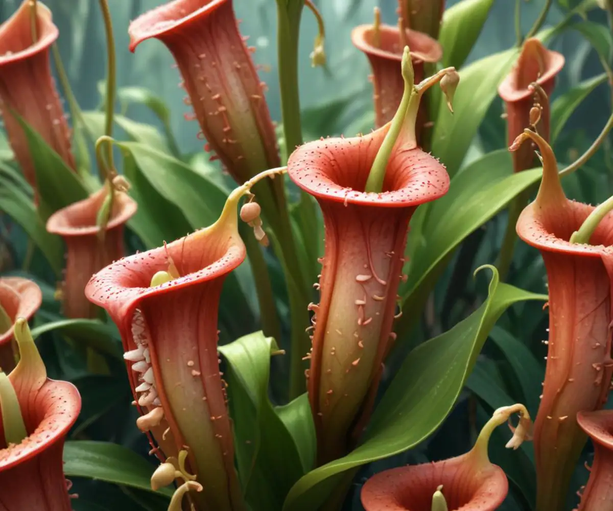 A close-up of a Nepenthes inflorescence, showing the small, numerous, and densely packed individual flower buds on a central stalk.