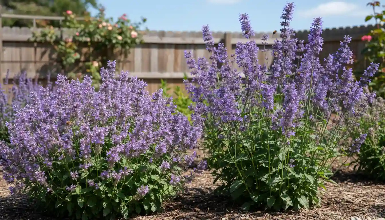 A sunny garden bed with the compact, mounded purple-flowering 'Cat's Meow' nepeta planted next to the taller, more upright 'Walker's Low' nepeta.