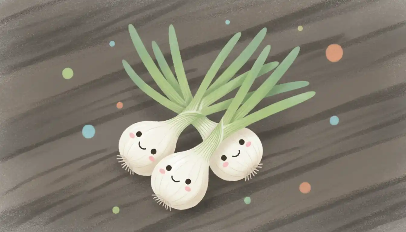 A cluster of freshly harvested nest onions with green tops and white bulbs on a dark, rustic surface.