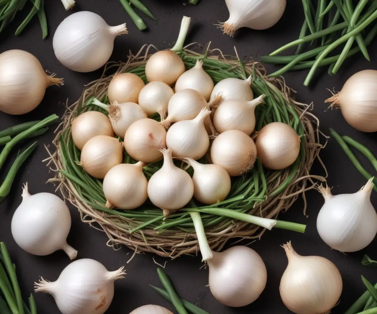 A cluster of freshly harvested nest onions with green tops and white bulbs on a dark, rustic surface.
