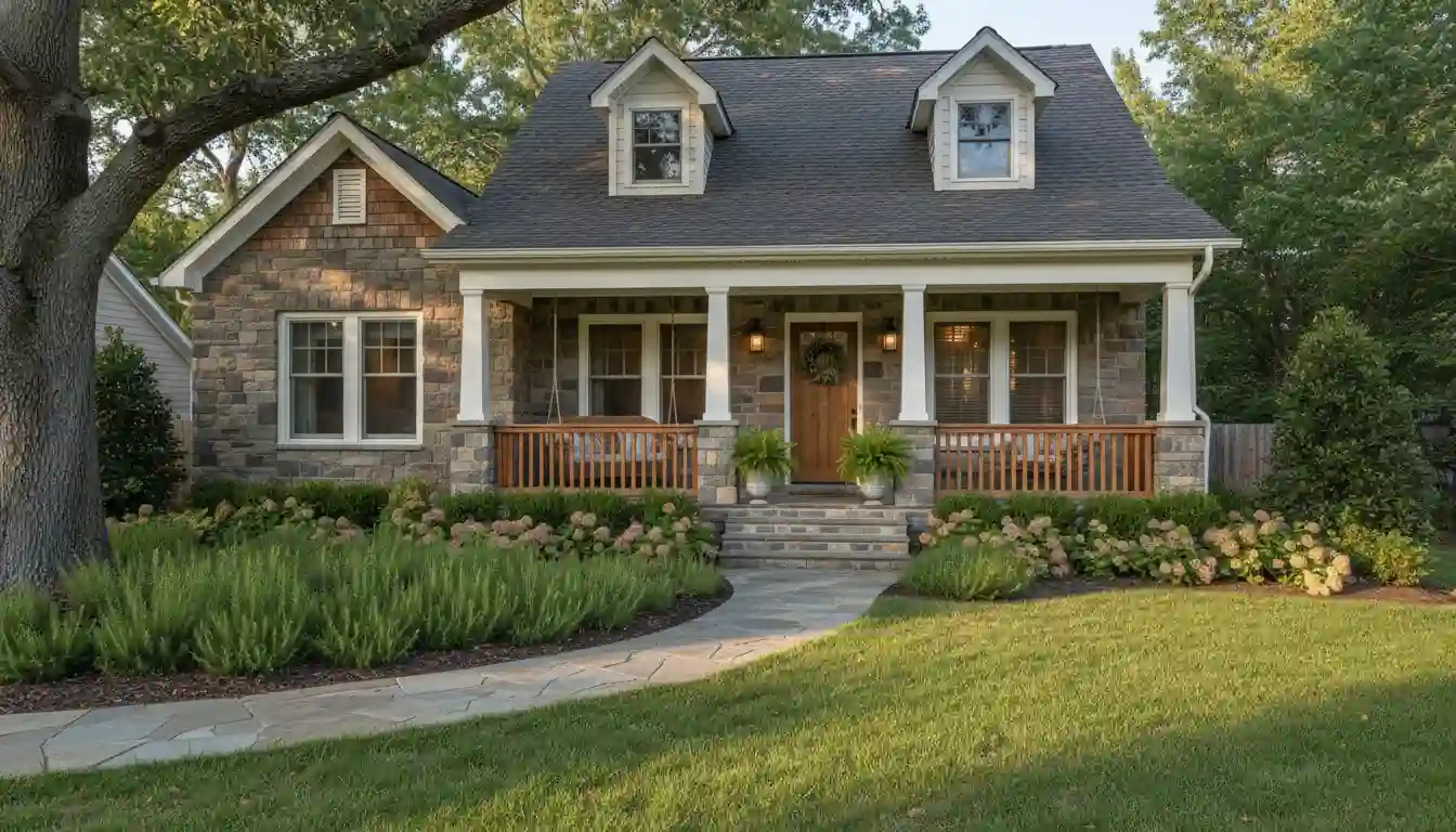 Exterior facade of a small two-bedroom house with a neatly landscaped front yard and a covered porch.