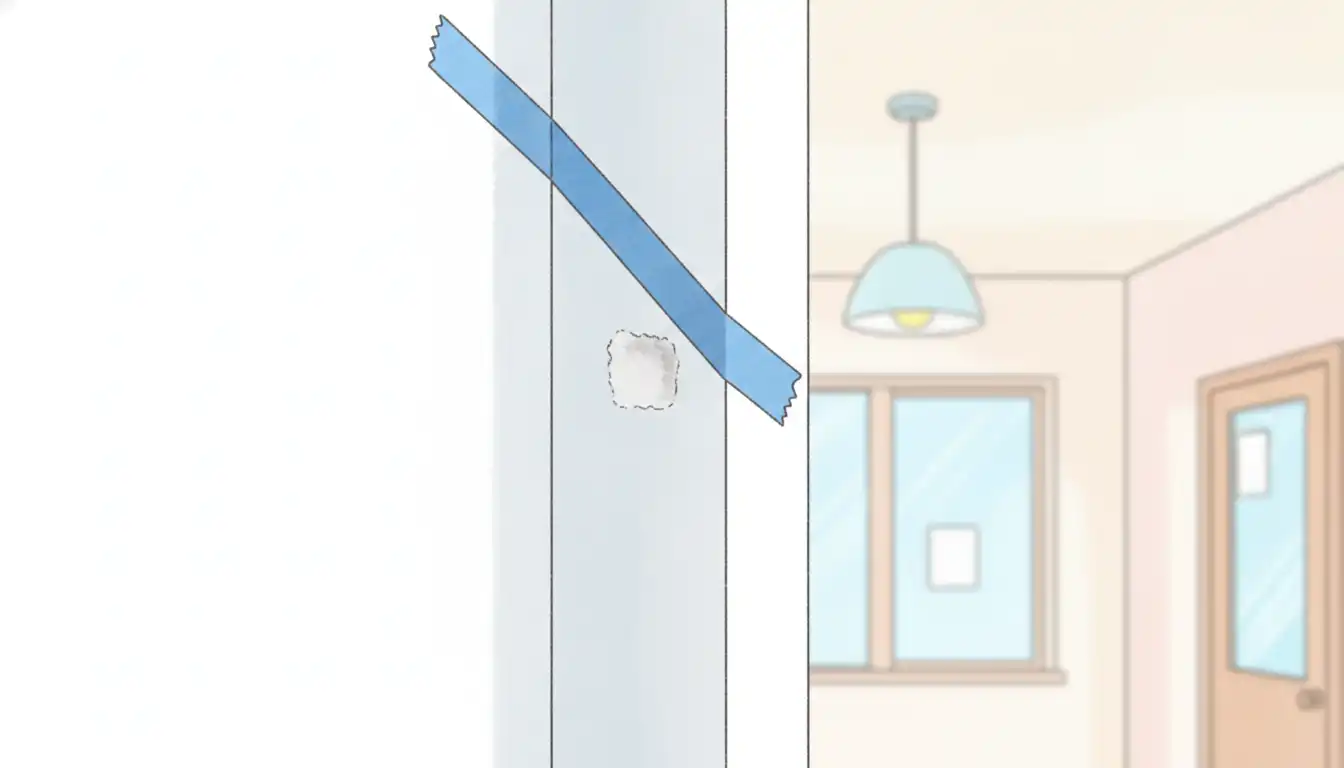 Blue painter's tape on a white interior wall corner indicating a paint defect during a new home construction final inspection.