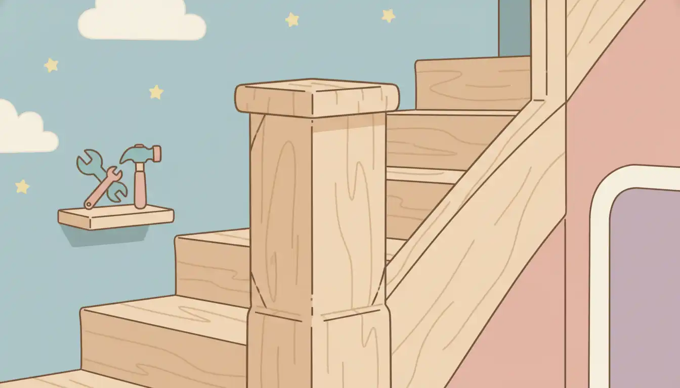 An unfinished wooden box newel post securely installed at the bottom of a staircase, awaiting the attachment of the handrail.