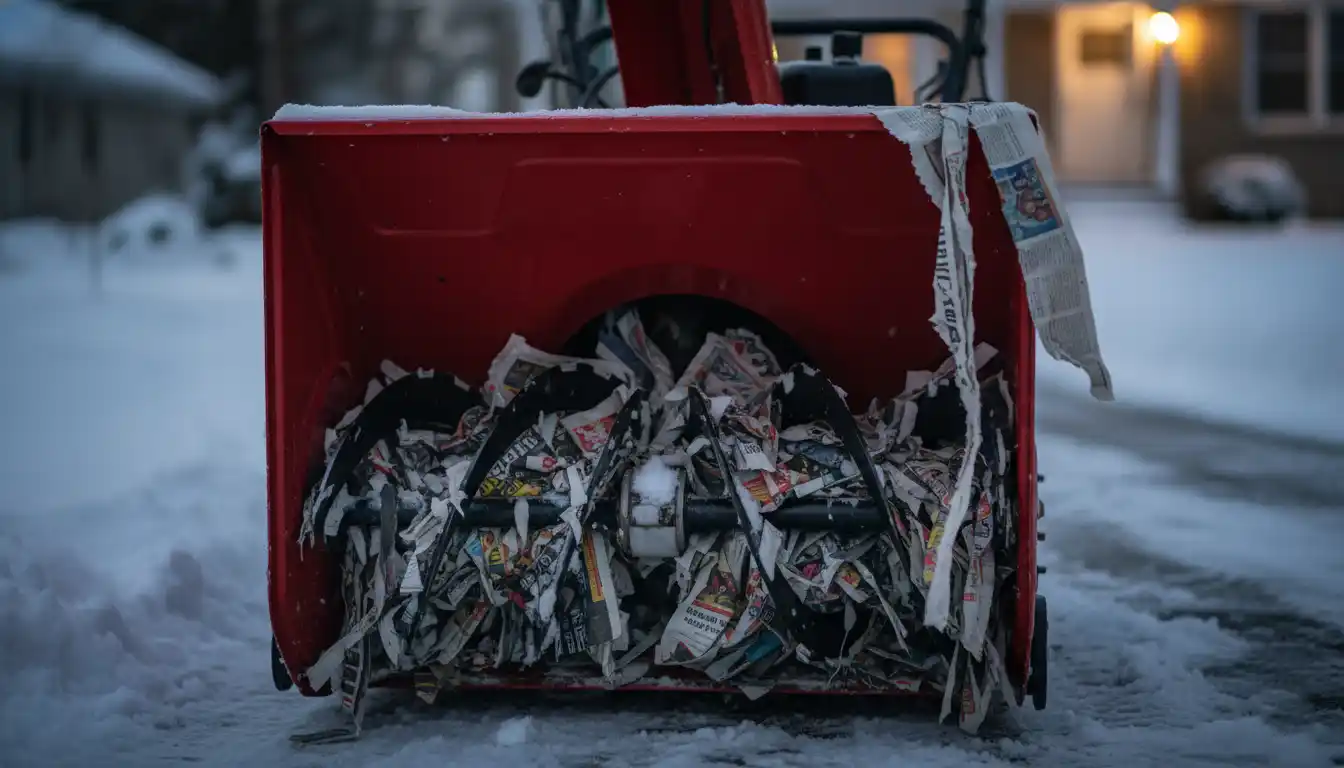 Close-up of a red snowblower auger clogged with wet, shredded newspaper.