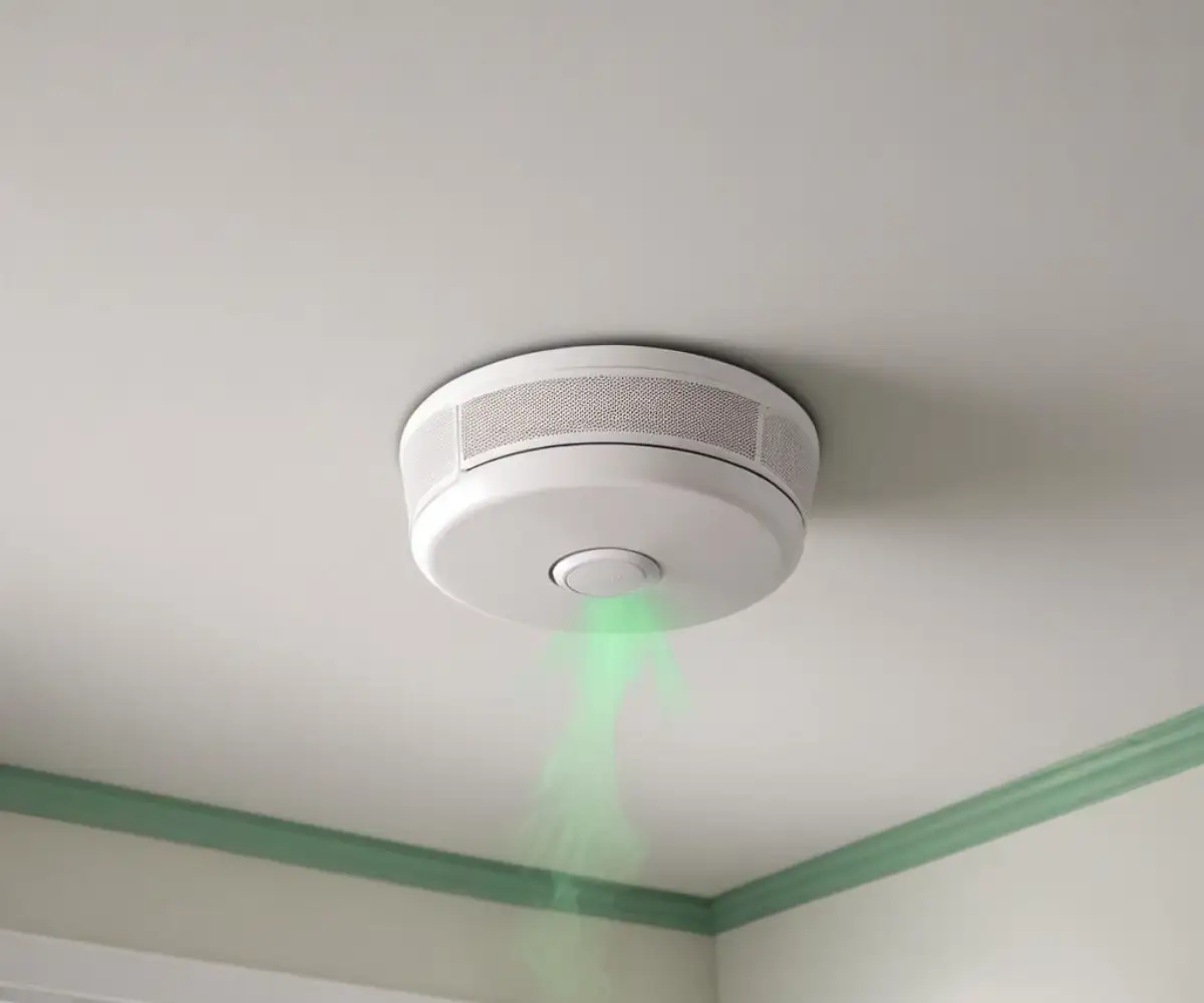 A hardwired smoke detector with a green LED indicator light mounted on a white ceiling.