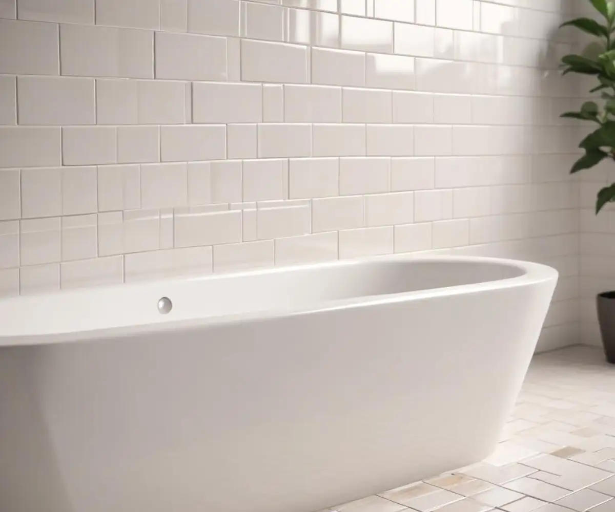 Close-up of a white bathtub edge meeting a white subway tile wall with a clean, sealed joint.