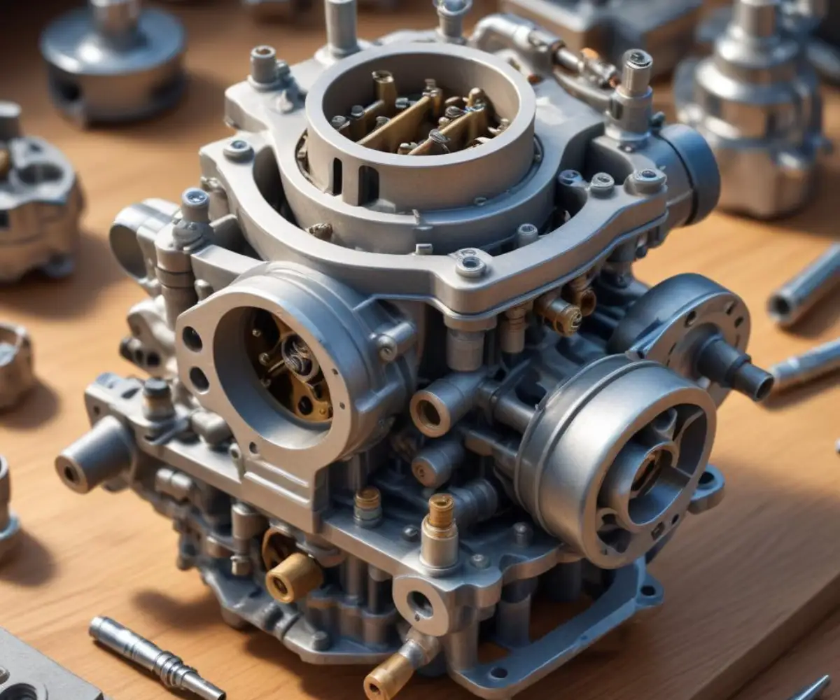 Close-up of a disassembled small engine carburetor, showing the empty metal float bowl and internal components on a workbench.