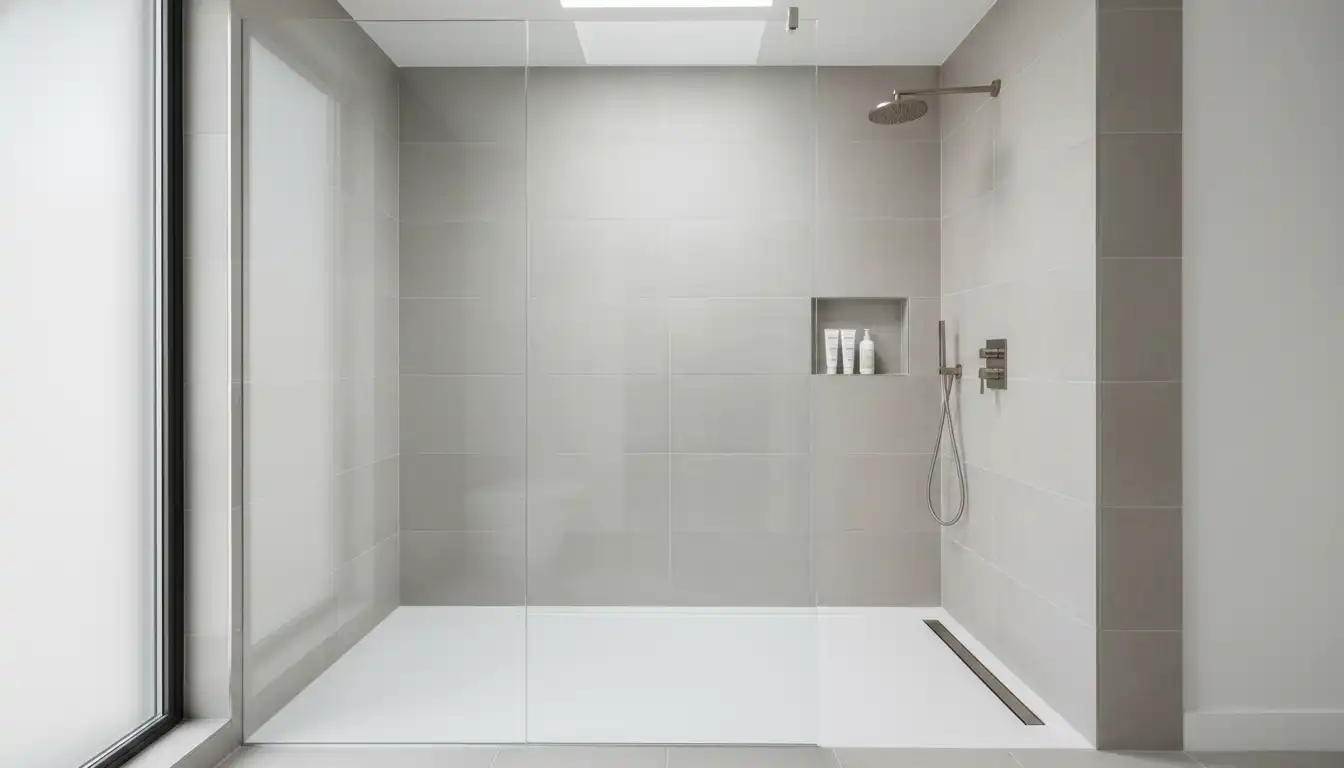 A modern walk-in shower featuring a seamless, white, one-piece shower pan and floor-to-ceiling glass doors.