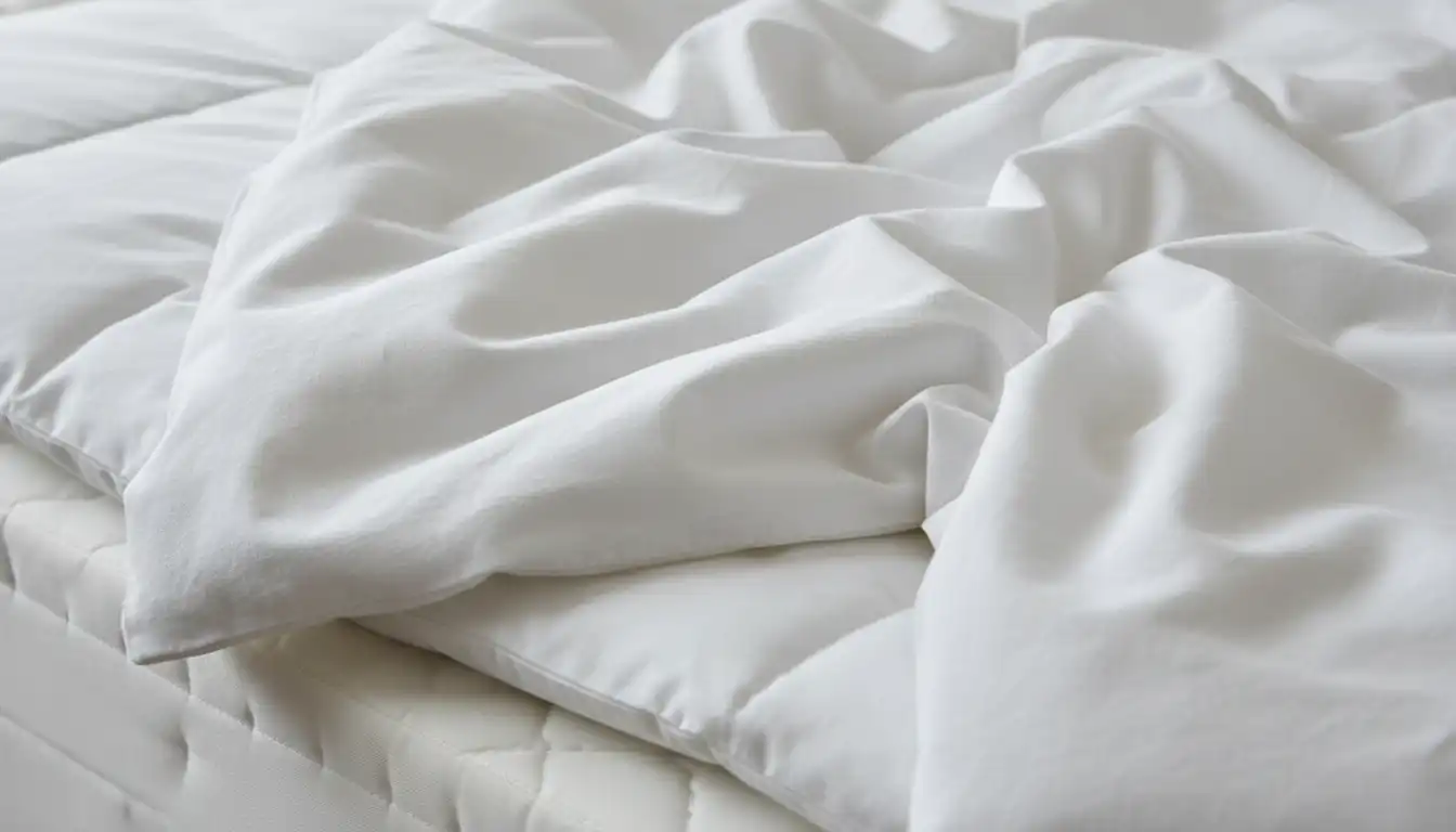 A close-up of crumpled, crisp white percale bed sheets on a mattress, showing the texture of the fabric.