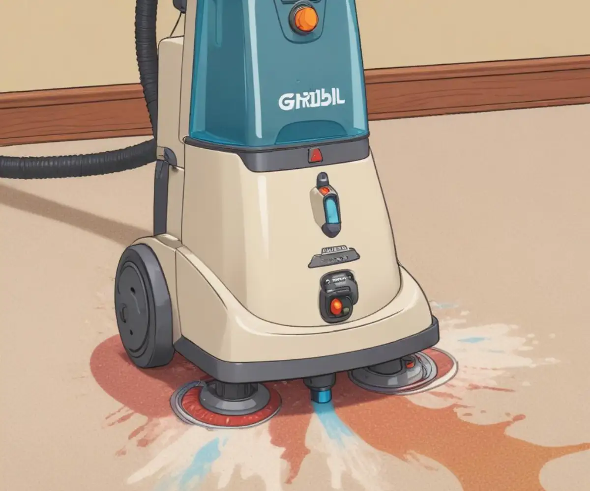 A close-up view of an electric carpet cleaning machine head spraying a cleaning solution onto a textured, beige carpeted floor.
