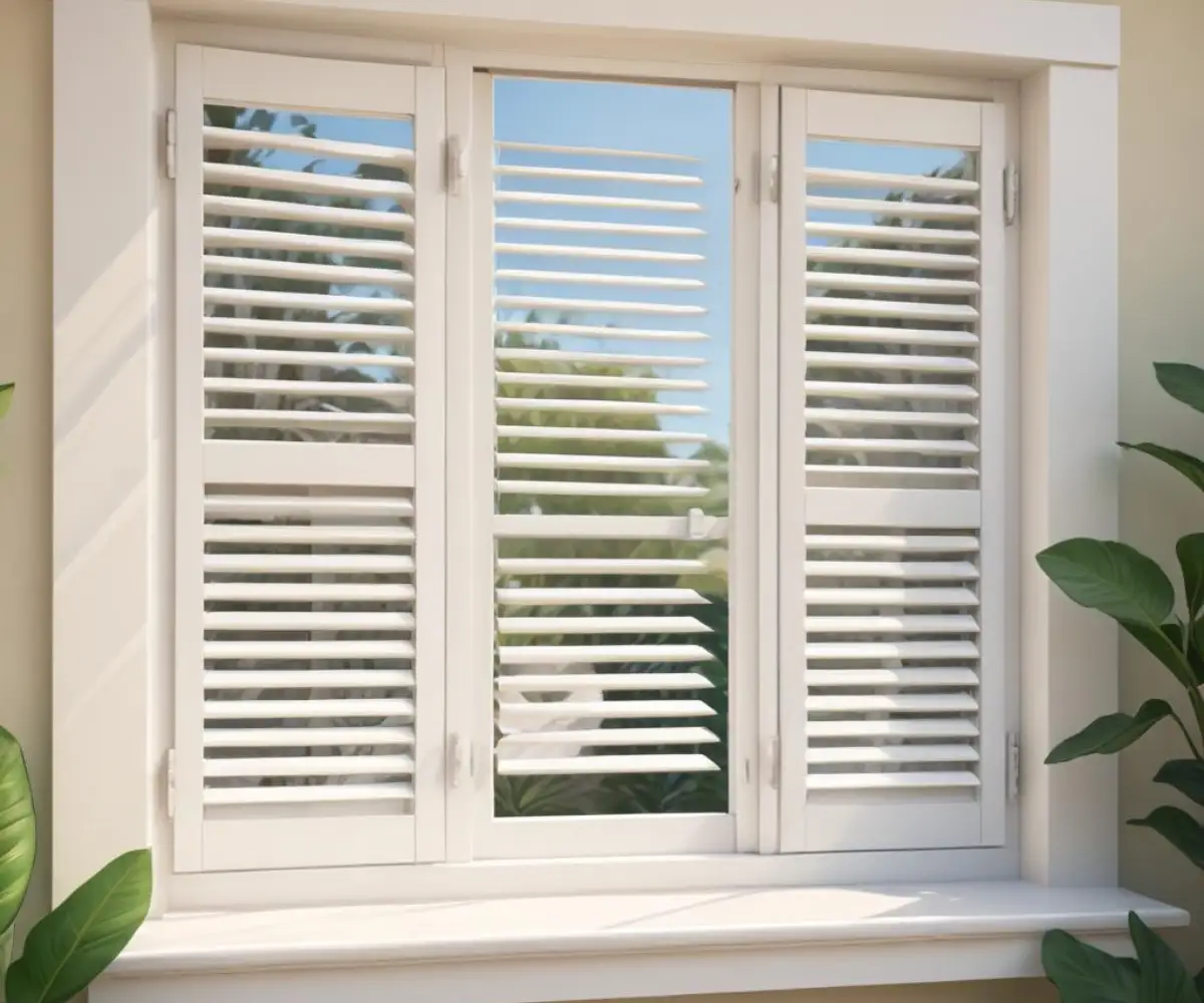 Close-up of white plantation shutters on a window, showing the detail of the louvers and tilt rod.