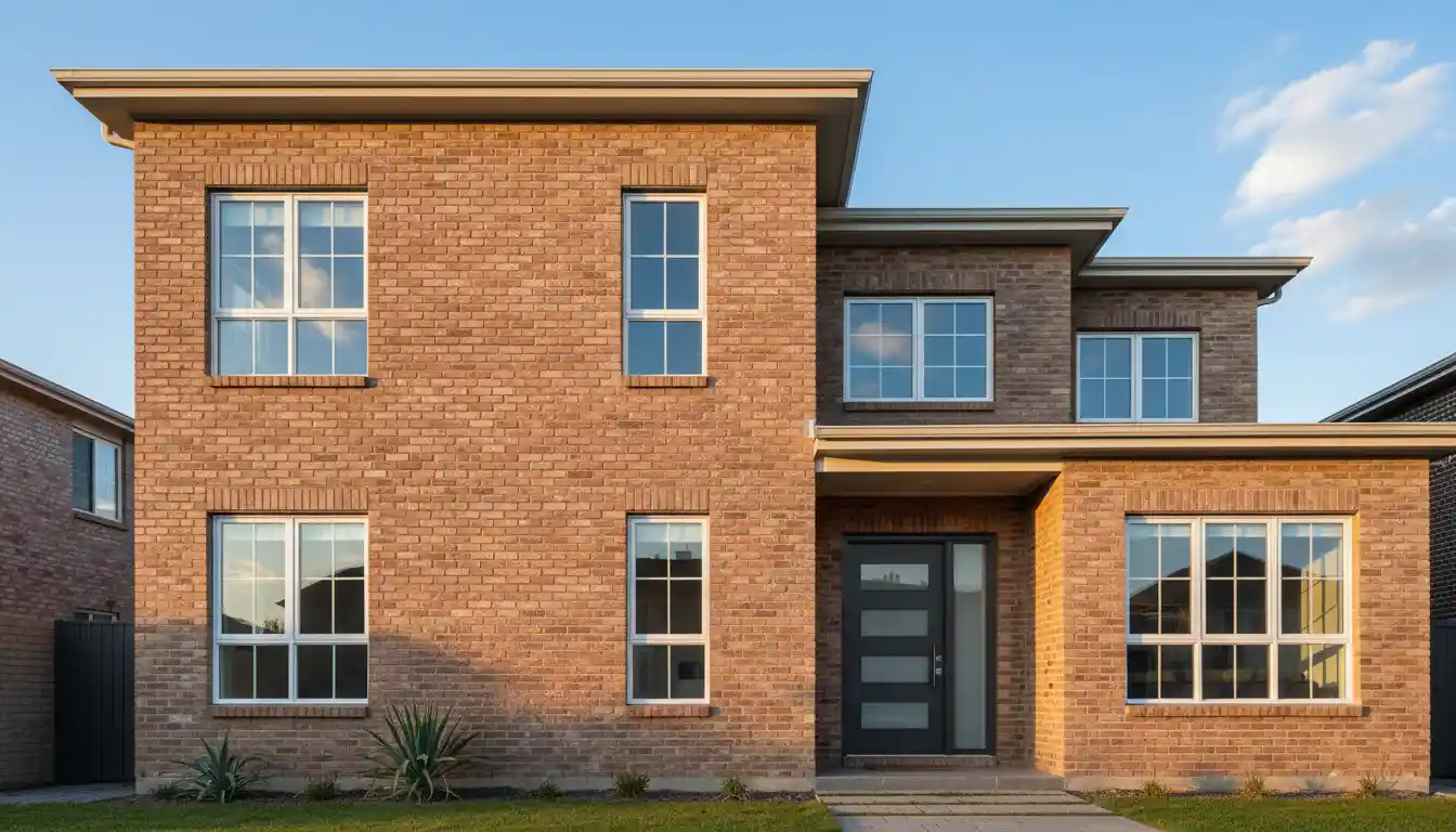 New vinyl replacement windows installed in a modern brick house.