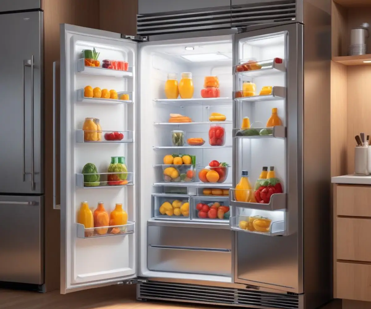 Interior of a modern stainless steel refrigerator with the door open showing empty shelves and bright LED lighting.