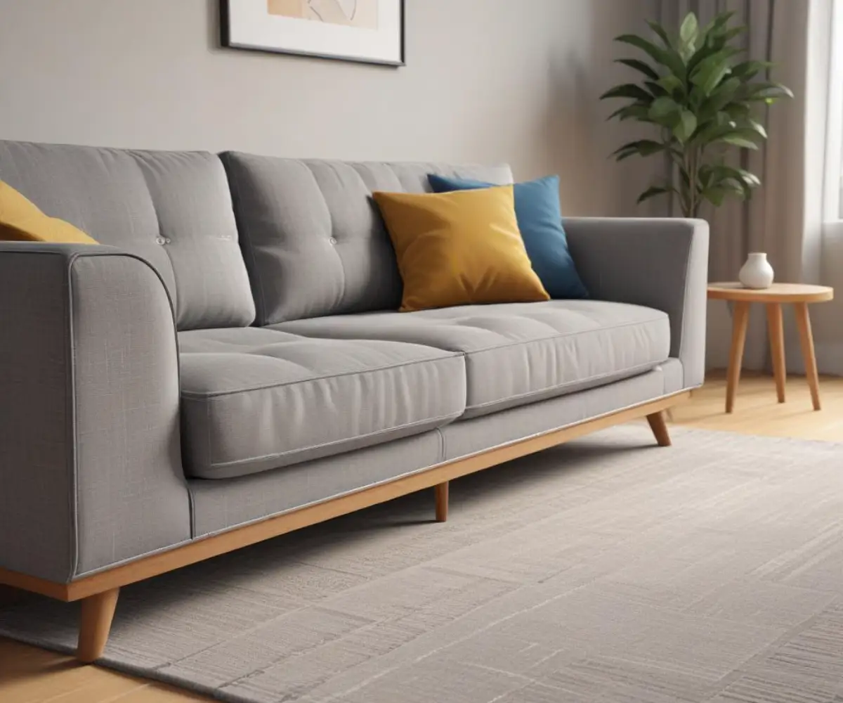 A close-up of the detailed stitching on a gray fabric sofa with a wooden leg on a light-colored rug.